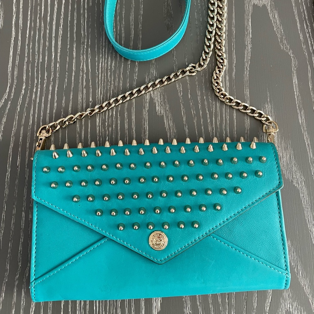 Rebecca Minkoff Teal/Gold studs wallet crossbody
